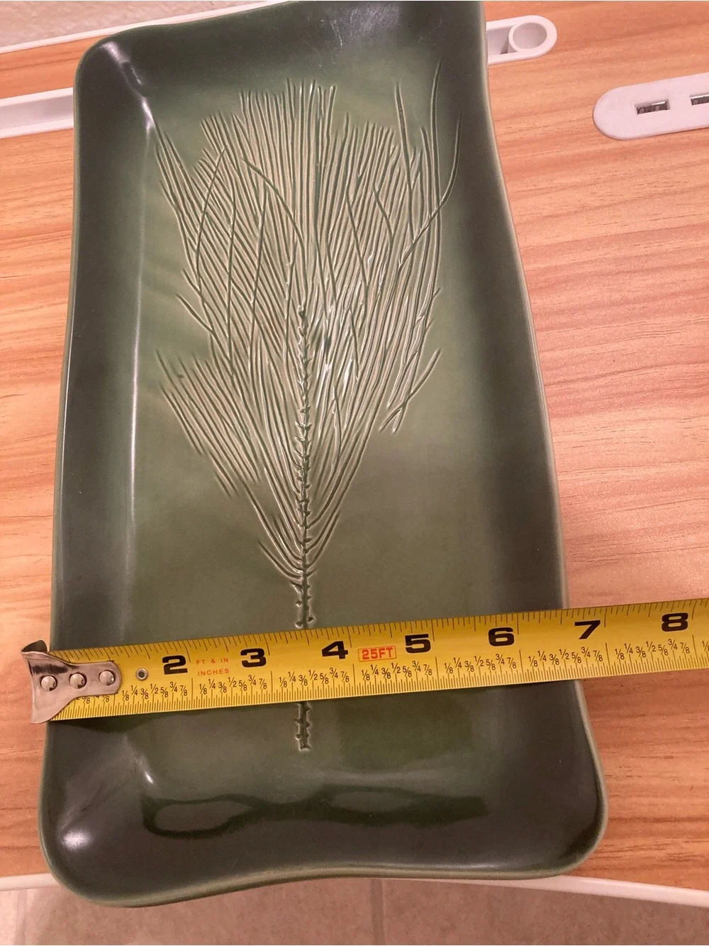 Kay Wayne Signed Studio Art Pottery Pine Needle Branch Green Rectangular Serving